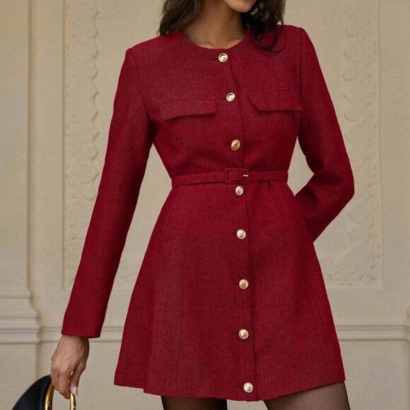 Red Elegant Women's Casual Classic Belted Herringbone Texture Long Sleeve Dress - Picture 3 of 7